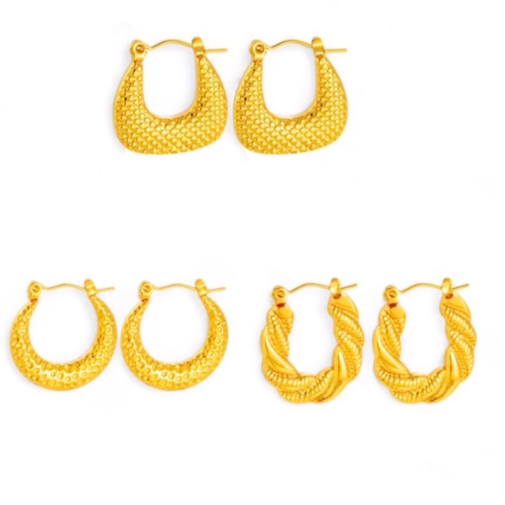 3 Pairs of 18k Gold Plated Stainless Steel Small Vintage Hoop Earrings